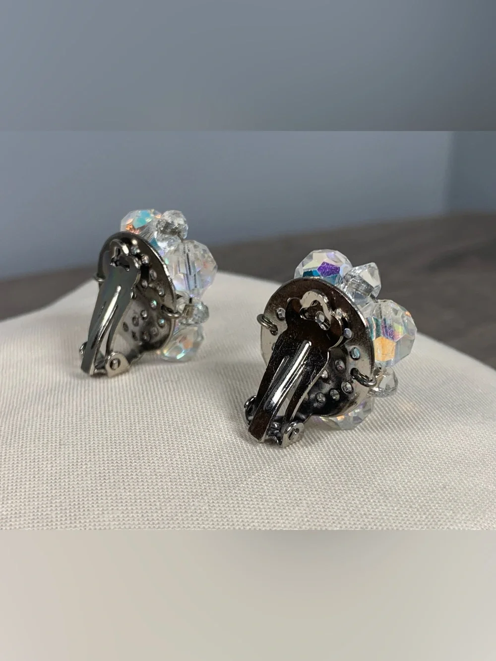Vintage Beaded Cluster AB Iridescent Clip On Earrings Clear